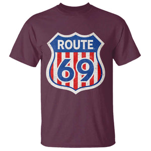 Vintage Route 69 Highway Road Trip Sign Distressed American Flag T Shirt TS11 Maroon Print Your Wear