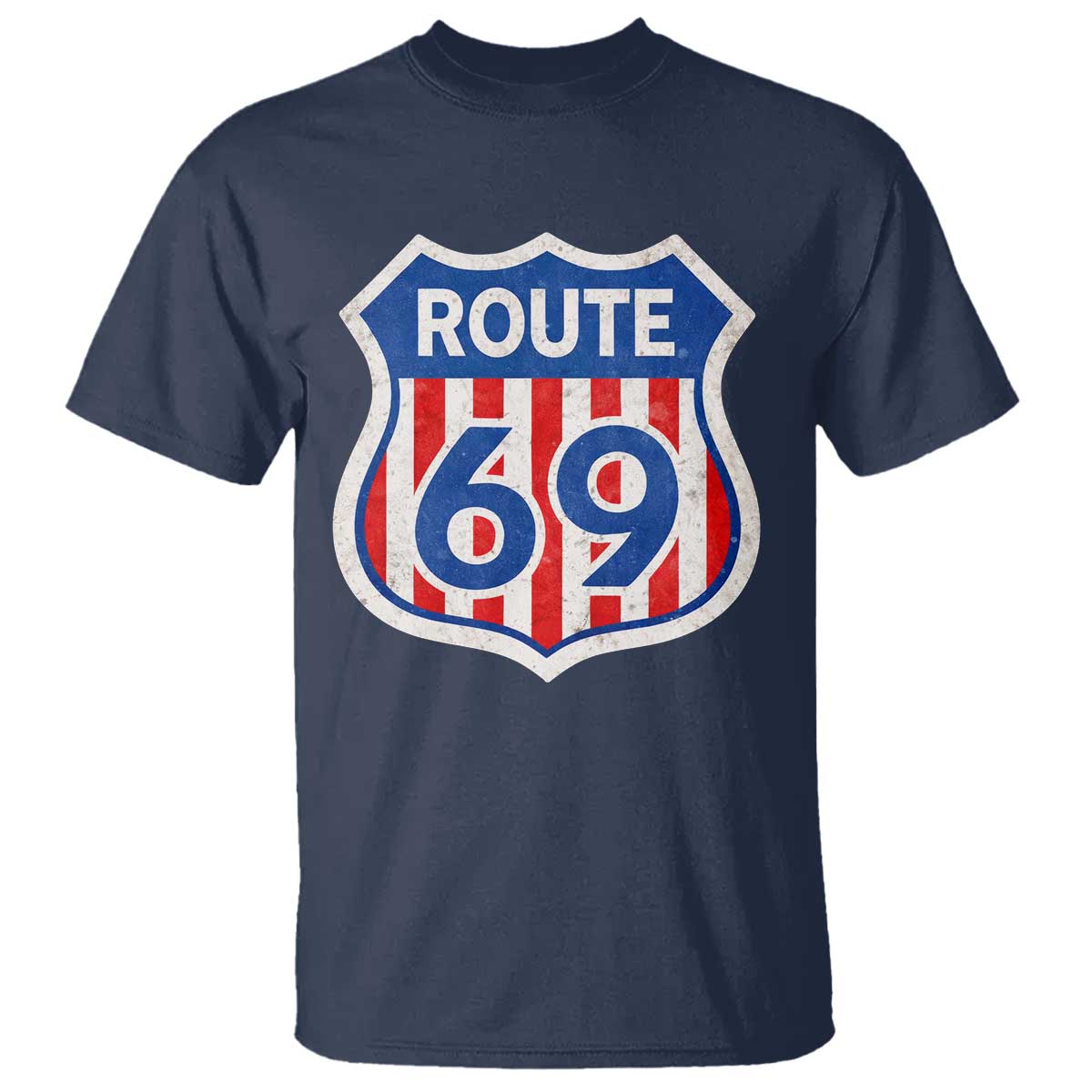 Vintage Route 69 Highway Road Trip Sign Distressed American Flag T Shirt TS11 Navy Print Your Wear