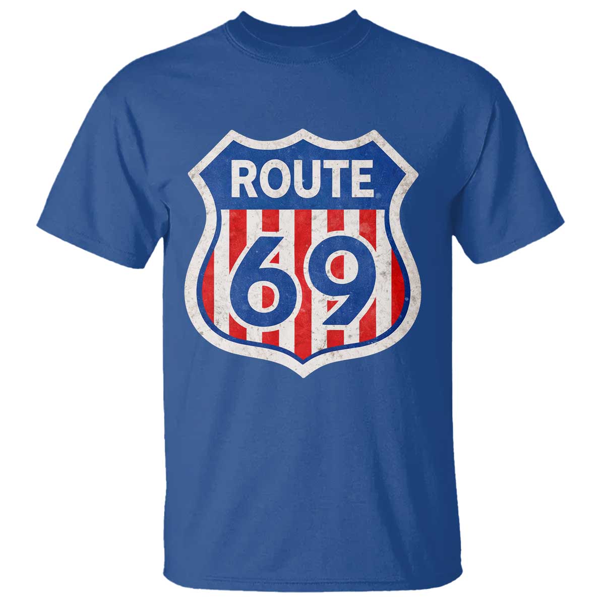 Vintage Route 69 Highway Road Trip Sign Distressed American Flag T Shirt TS11 Royal Blue Print Your Wear