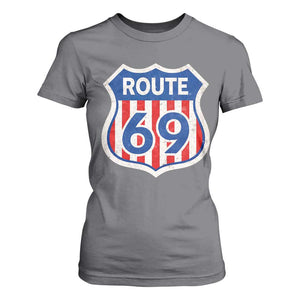 Vintage Route 69 Highway Road Trip Sign Distressed American Flag T Shirt For Women TS11 Charcoal Print Your Wear
