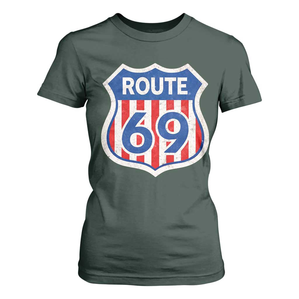 Vintage Route 69 Highway Road Trip Sign Distressed American Flag T Shirt For Women TS11 Dark Forest Green Print Your Wear