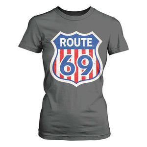 Vintage Route 69 Highway Road Trip Sign Distressed American Flag T Shirt For Women TS11 Dark Heather Print Your Wear