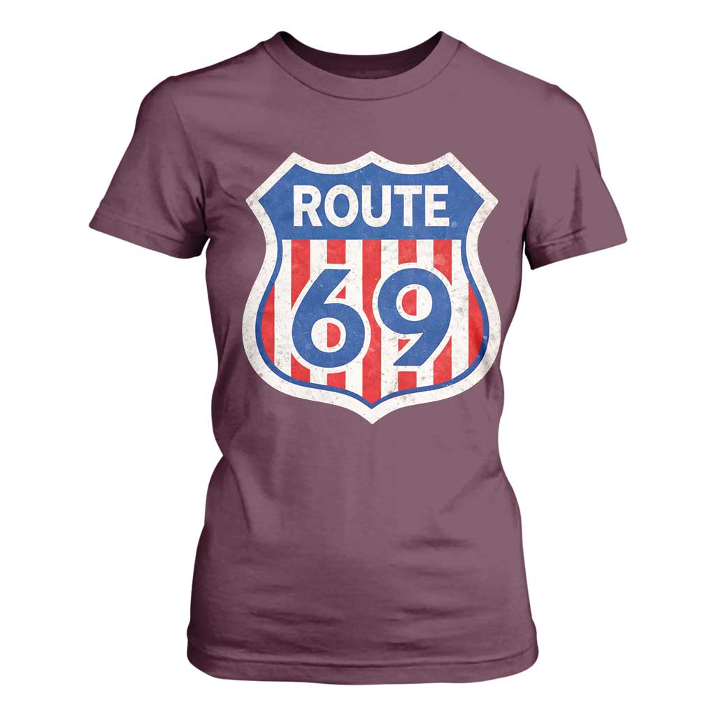 Vintage Route 69 Highway Road Trip Sign Distressed American Flag T Shirt For Women TS11 Maroon Print Your Wear