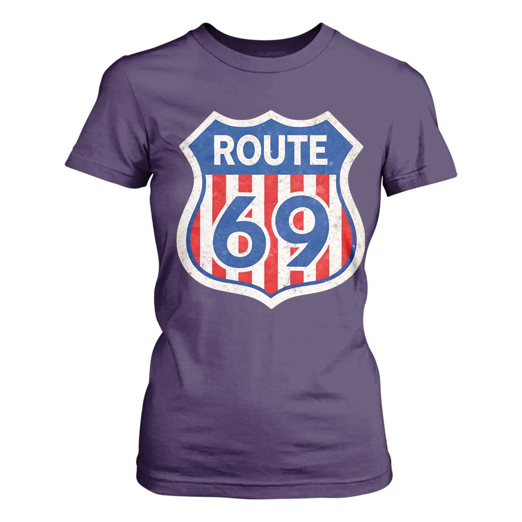Vintage Route 69 Highway Road Trip Sign Distressed American Flag T Shirt For Women TS11 Purple Print Your Wear