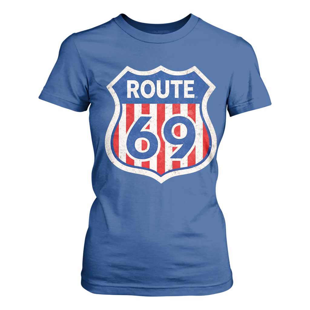 Vintage Route 69 Highway Road Trip Sign Distressed American Flag T Shirt For Women TS11 Royal Blue Print Your Wear