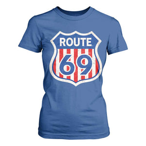 Vintage Route 69 Highway Road Trip Sign Distressed American Flag T Shirt For Women TS11 Royal Blue Print Your Wear