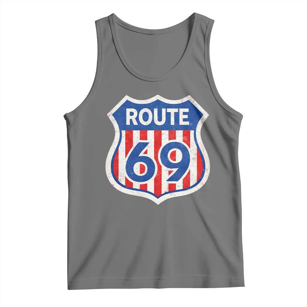Vintage Route 69 Highway Road Trip Sign Distressed American Flag Tank Top TS11 Black Heather Print Your Wear