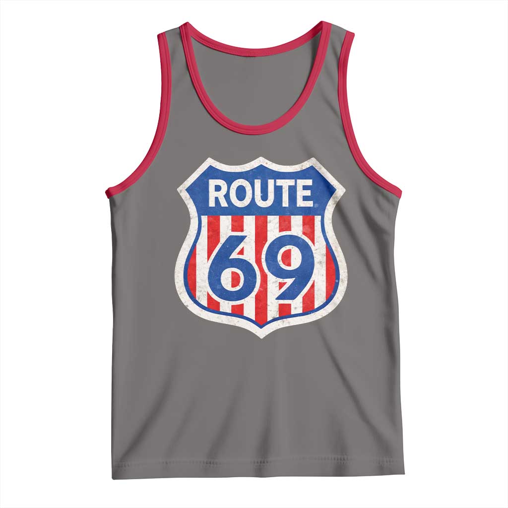 Vintage Route 69 Highway Road Trip Sign Distressed American Flag Tank Top TS11 Deep Heather Red Print Your Wear