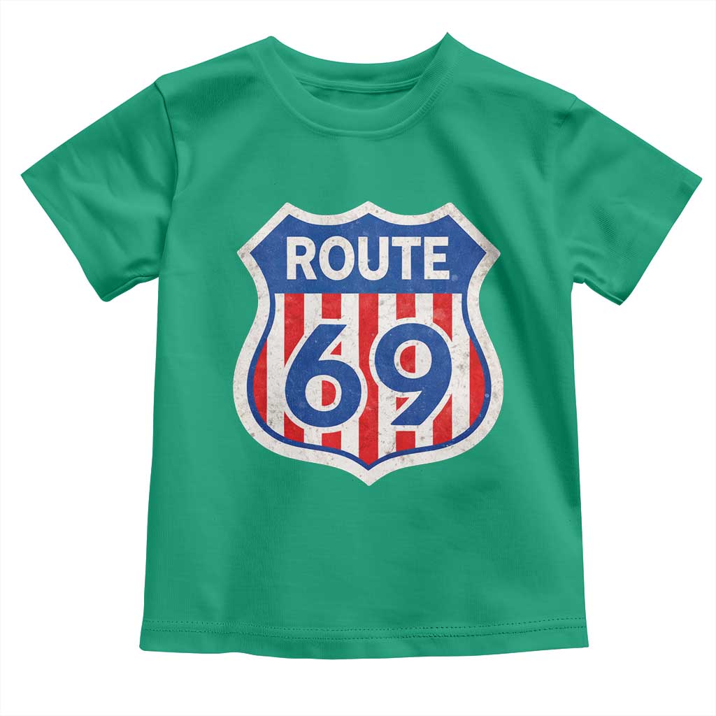 Vintage Route 69 Highway Road Trip Sign Distressed American Flag Toddler T Shirt TS11 Irish Green Print Your Wear