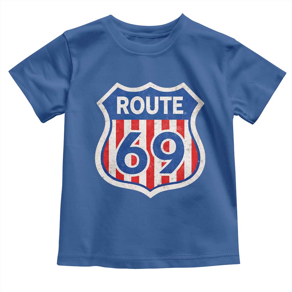 Vintage Route 69 Highway Road Trip Sign Distressed American Flag Toddler T Shirt TS11 Royal Blue Print Your Wear