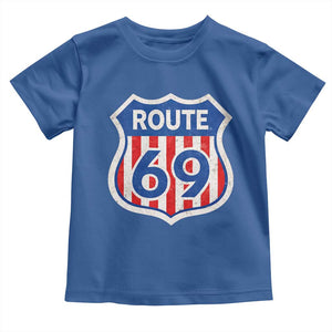 Vintage Route 69 Highway Road Trip Sign Distressed American Flag Toddler T Shirt TS11 Royal Blue Print Your Wear