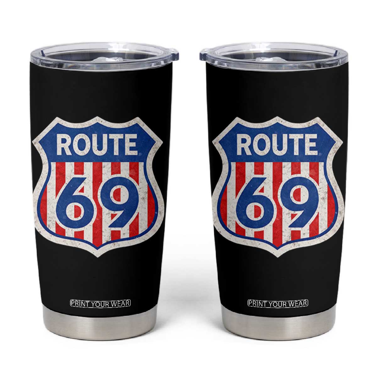 Vintage Route 69 Highway Road Trip Sign Distressed American Flag Tumbler Cup TS11 Black Print Your Wear