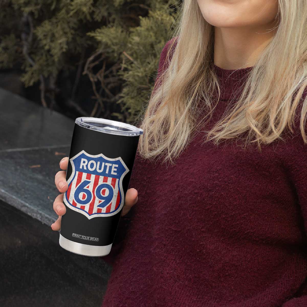 Vintage Route 69 Highway Road Trip Sign Distressed American Flag Tumbler Cup TS11 Print Your Wear