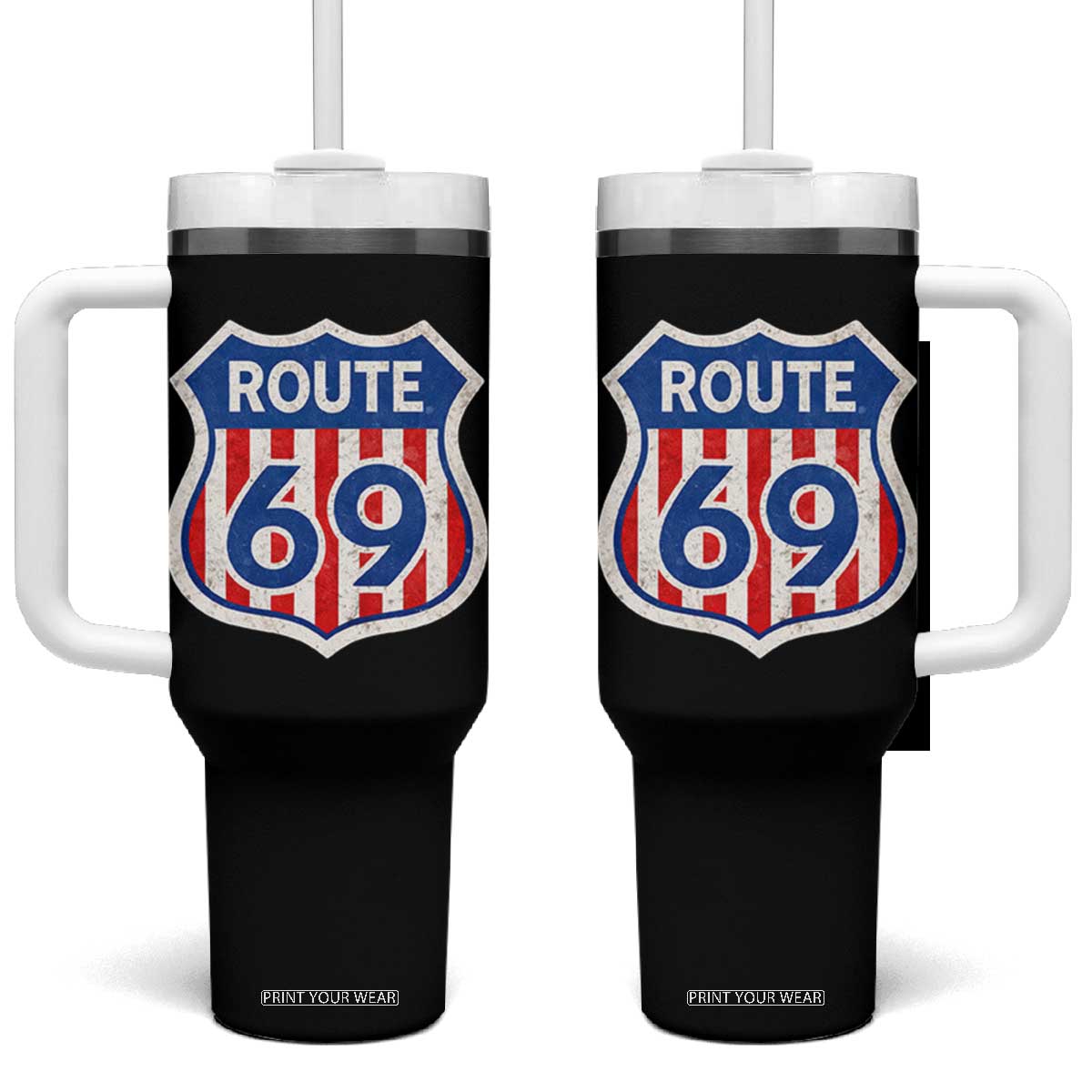 Vintage Route 69 Highway Road Trip Sign Distressed American Flag Tumbler With Handle TS11 One Size: 40 oz Black Print Your Wear