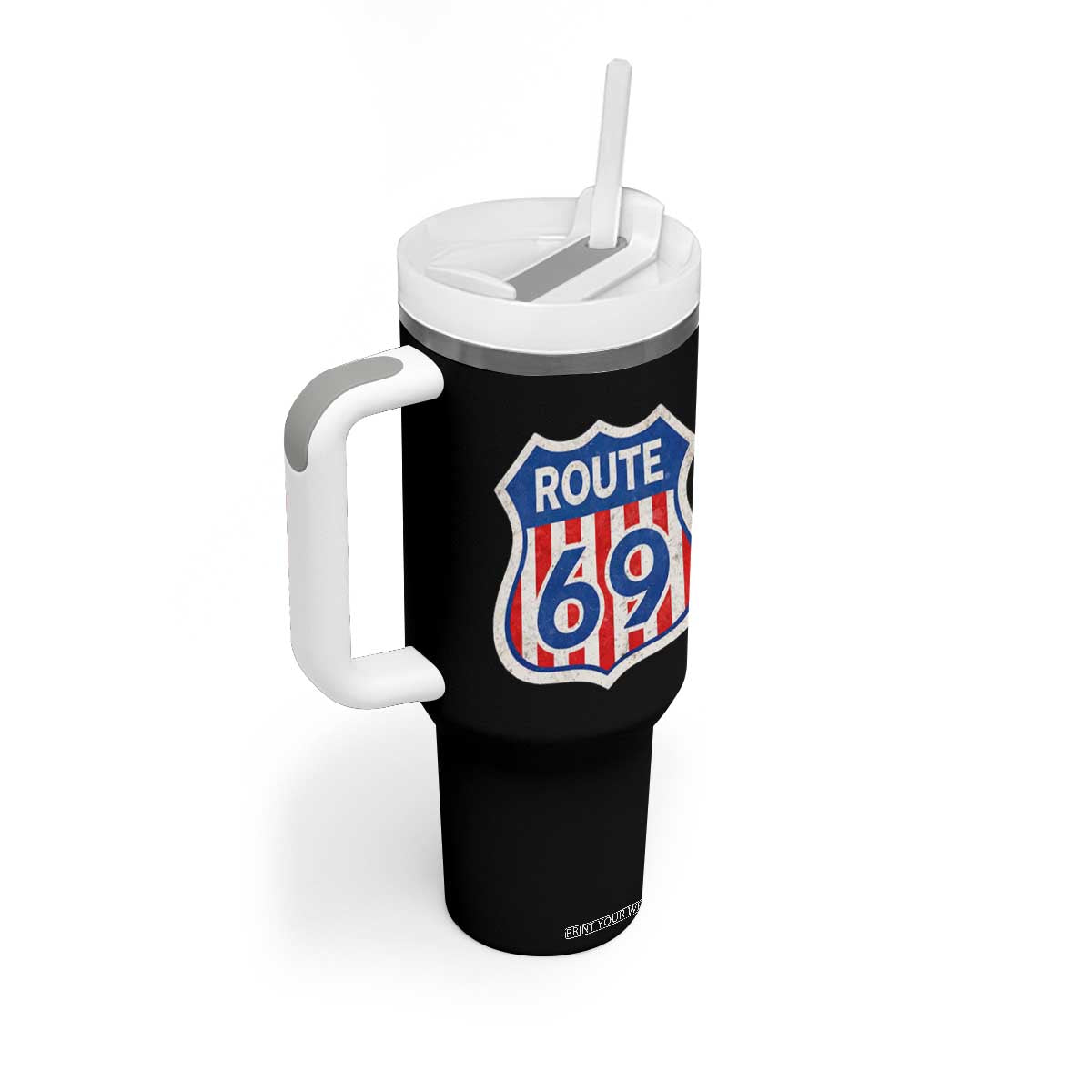 Vintage Route 69 Highway Road Trip Sign Distressed American Flag Tumbler With Handle TS11 Print Your Wear