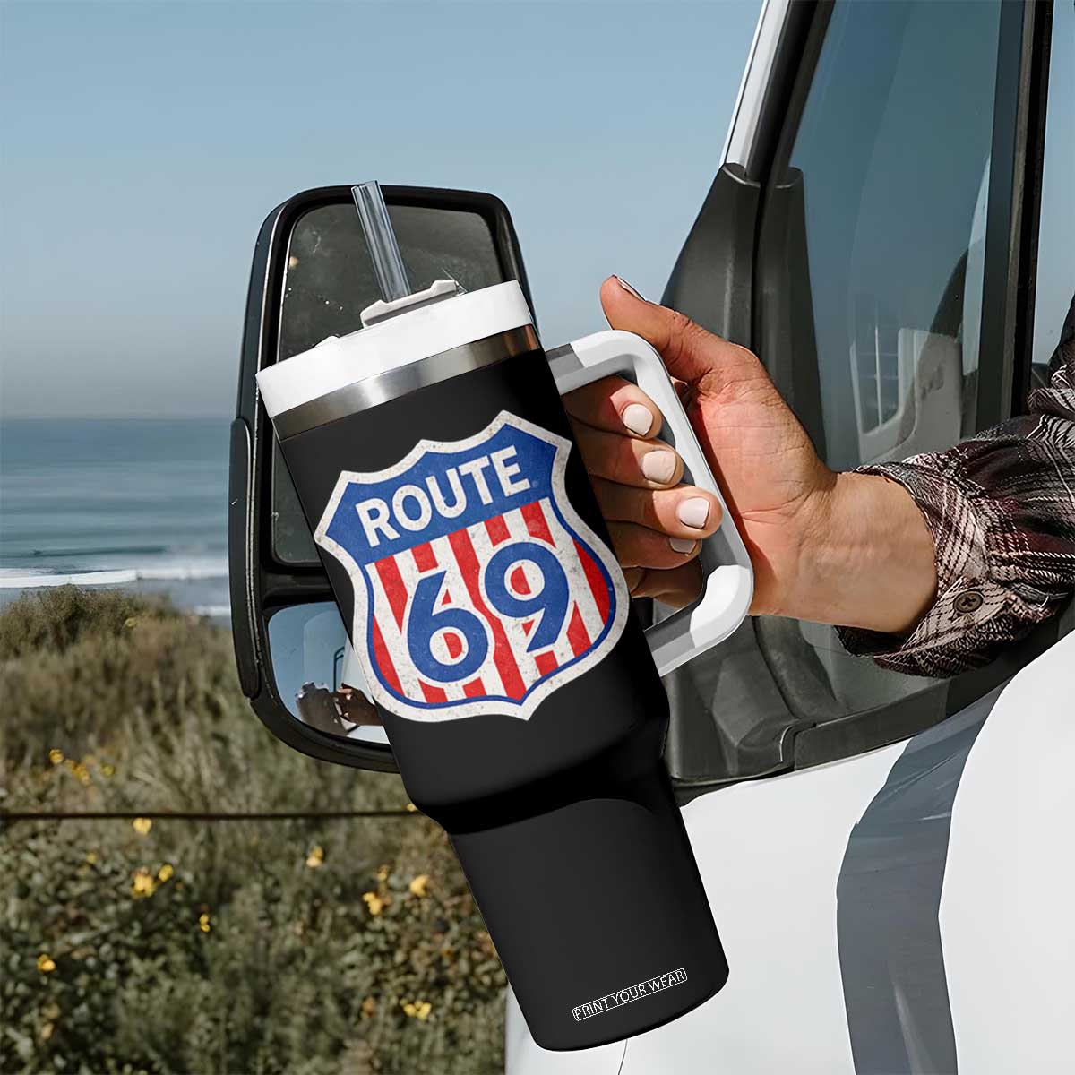 Vintage Route 69 Highway Road Trip Sign Distressed American Flag Tumbler With Handle TS11 Print Your Wear