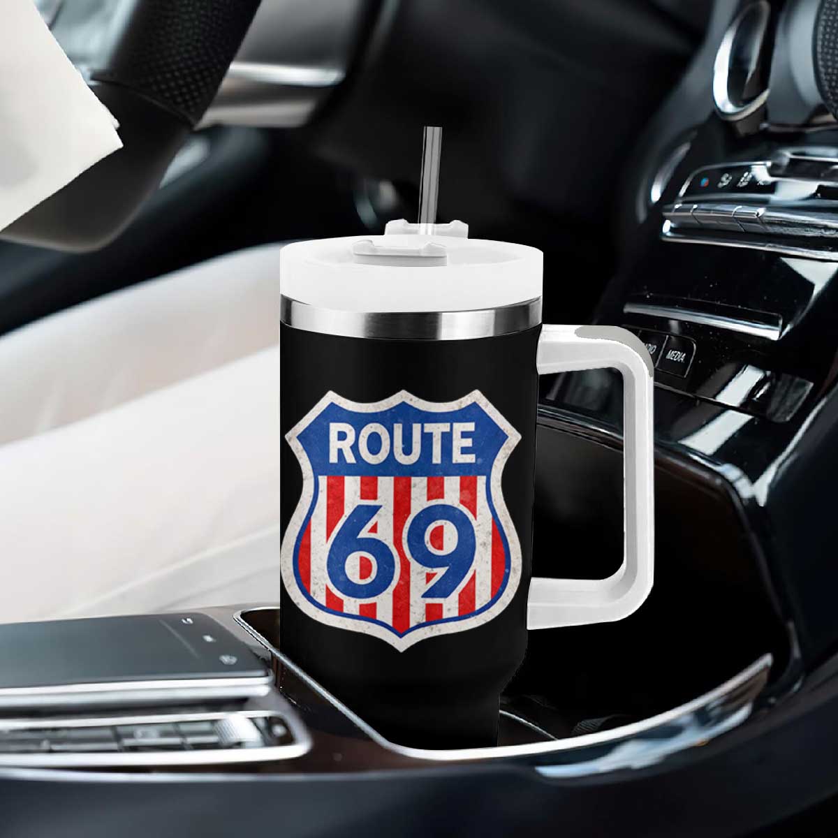 Vintage Route 69 Highway Road Trip Sign Distressed American Flag Tumbler With Handle TS11 Print Your Wear