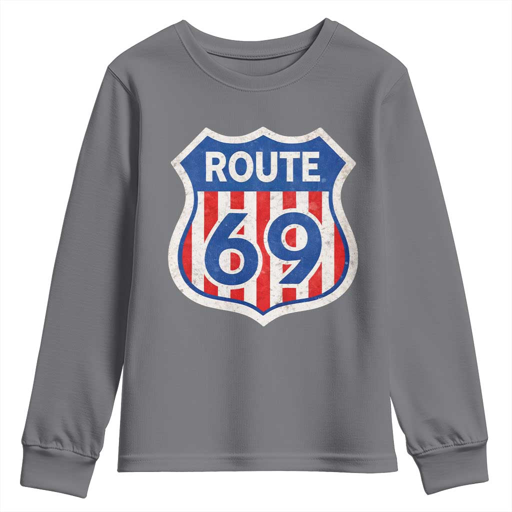 Vintage Route 69 Highway Road Trip Sign Distressed American Flag Youth Sweatshirt TS11 Charcoal Print Your Wear