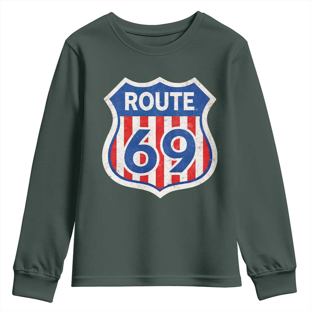 Vintage Route 69 Highway Road Trip Sign Distressed American Flag Youth Sweatshirt TS11 Dark Forest Green Print Your Wear