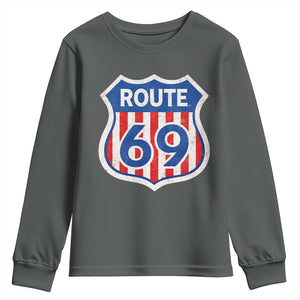 Vintage Route 69 Highway Road Trip Sign Distressed American Flag Youth Sweatshirt TS11 Dark Heather Print Your Wear