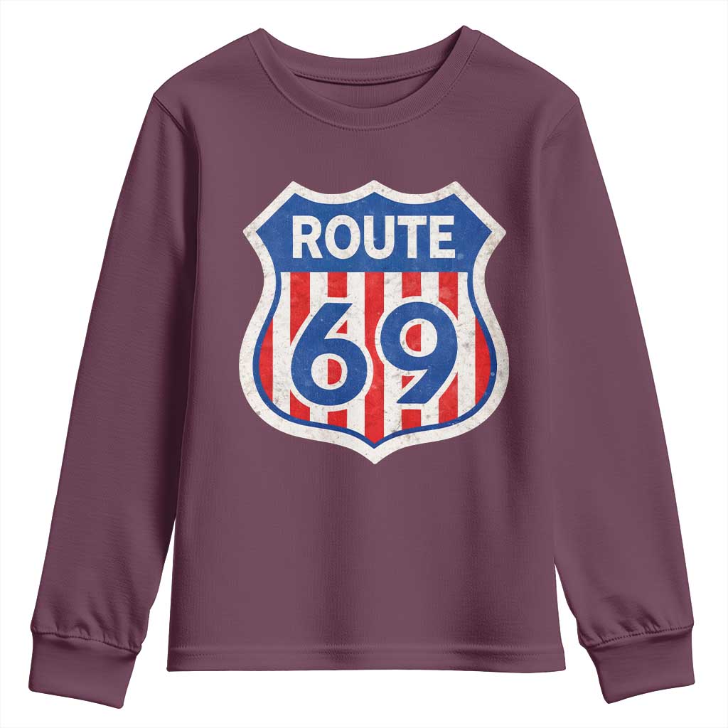 Vintage Route 69 Highway Road Trip Sign Distressed American Flag Youth Sweatshirt TS11 Maroon Print Your Wear