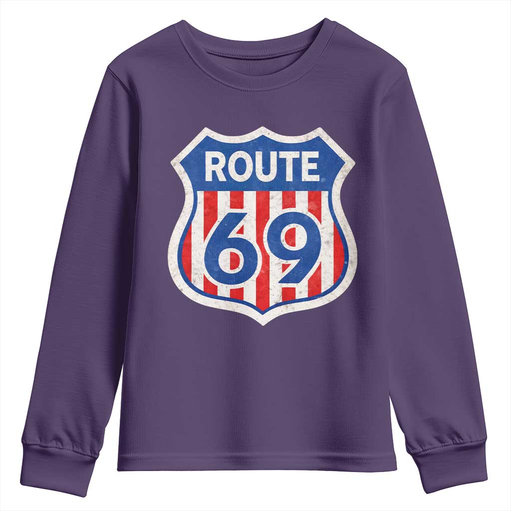Vintage Route 69 Highway Road Trip Sign Distressed American Flag Youth Sweatshirt TS11 Purple Print Your Wear