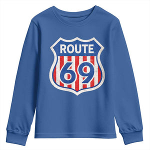 Vintage Route 69 Highway Road Trip Sign Distressed American Flag Youth Sweatshirt TS11 Royal Blue Print Your Wear