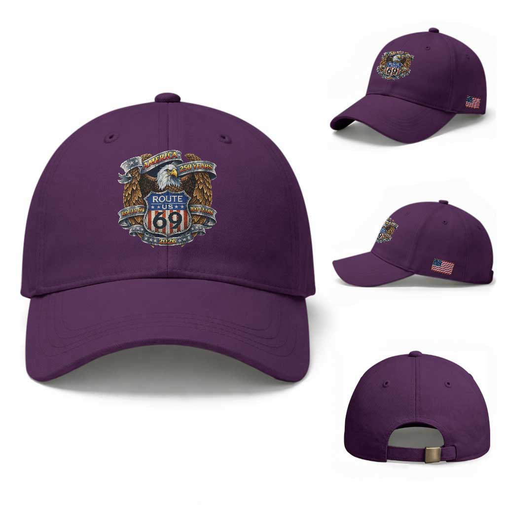 250 Years Of America 100 Years Of Route 69 Baseball Cap Bald Eagle Vintage American Flag TS11 Baseball Cap Universal Fit Purple Print Your Wear