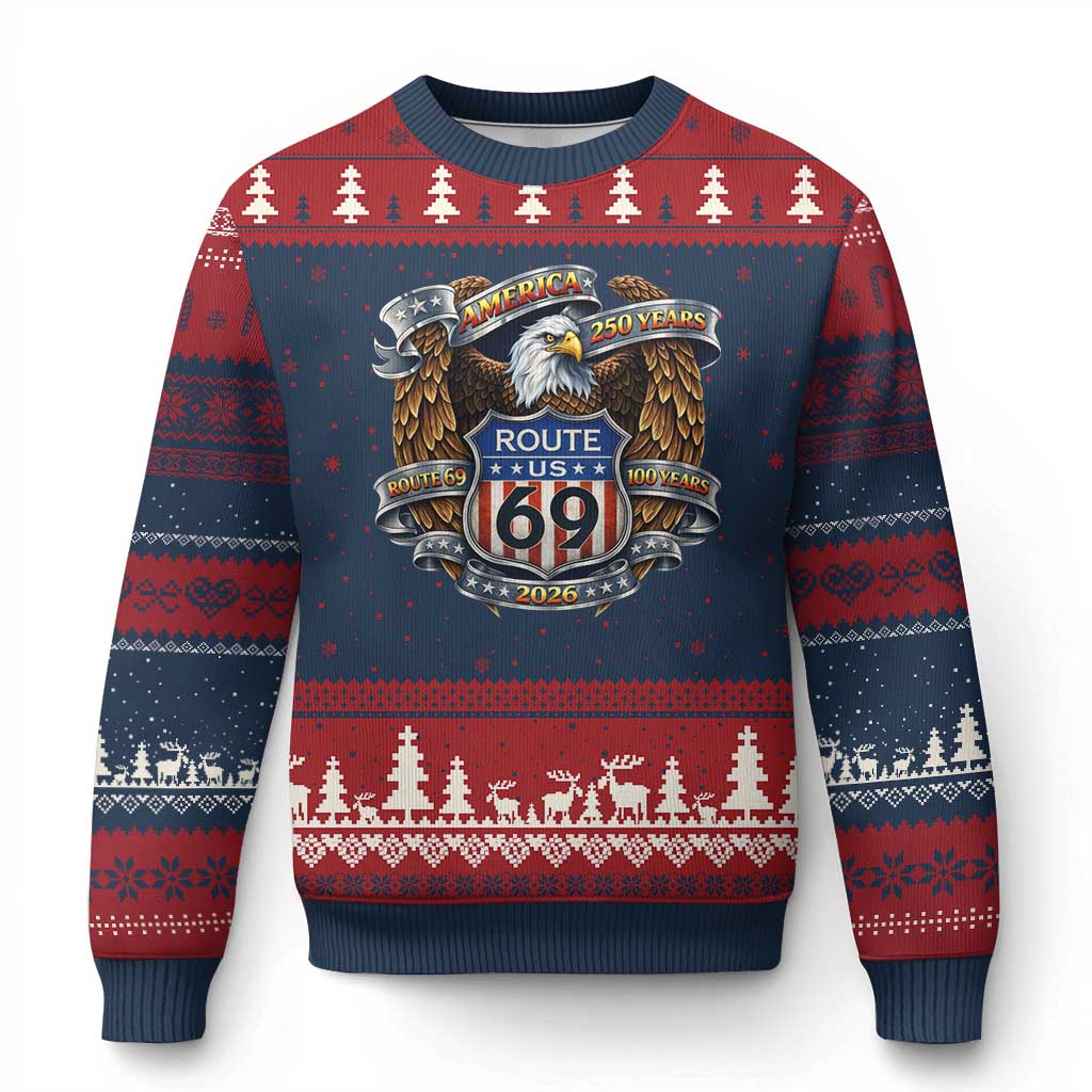 250 Years Of America 100 Years Of Route 69 Ugly Christmas Sweater Bald Eagle Vintage American Flag TS11 Navy Red Print Your Wear