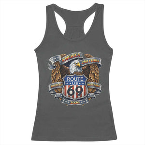 250 Years Of America 100 Years Of Route 69 Racerback Tank Top Bald Eagle Vintage American Flag TS11 Dark Heather Print Your Wear