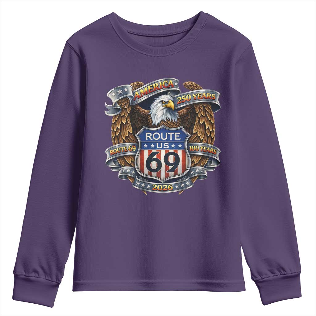 250 Years Of America 100 Years Of Route 69 Youth Sweatshirt Bald Eagle Vintage American Flag TS11 Purple Print Your Wear