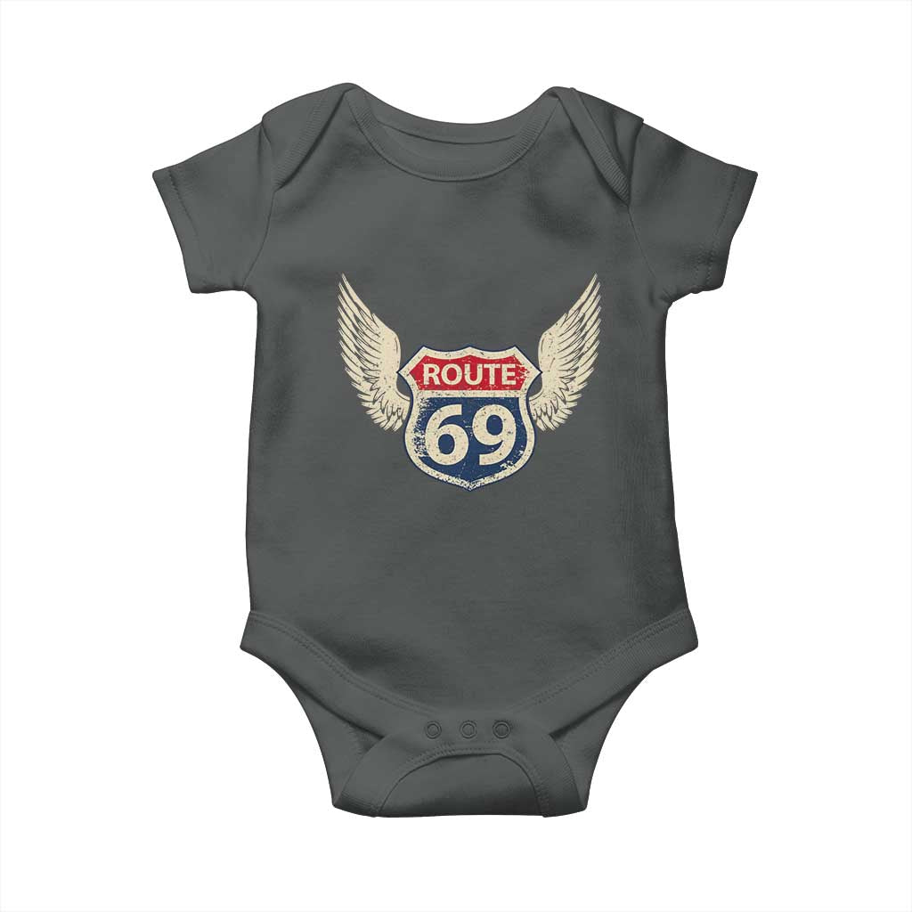 Vintage Route 69 Highway Road Trip Sign Baby Onesie TS11 Dark Heather Print Your Wear