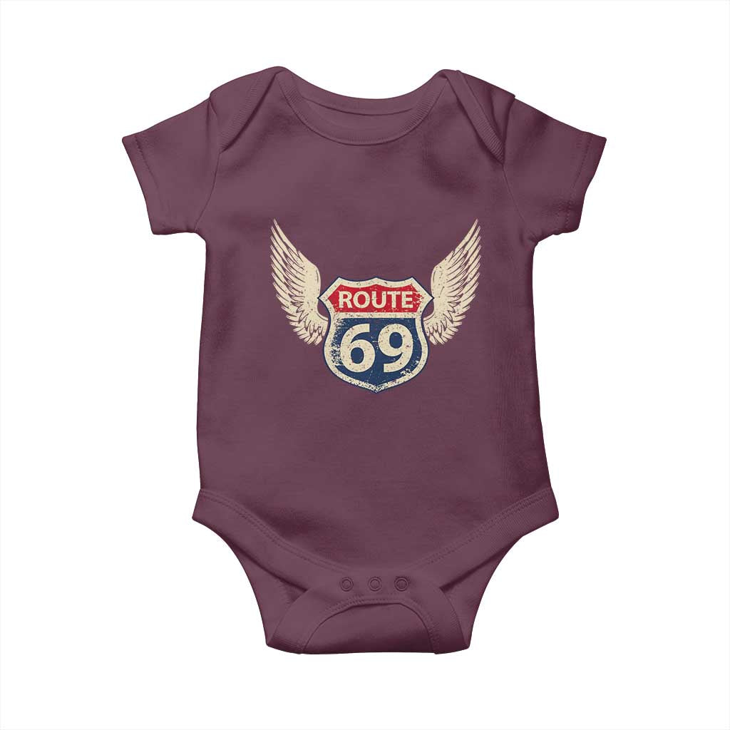 Vintage Route 69 Highway Road Trip Sign Baby Onesie TS11 Maroon Print Your Wear