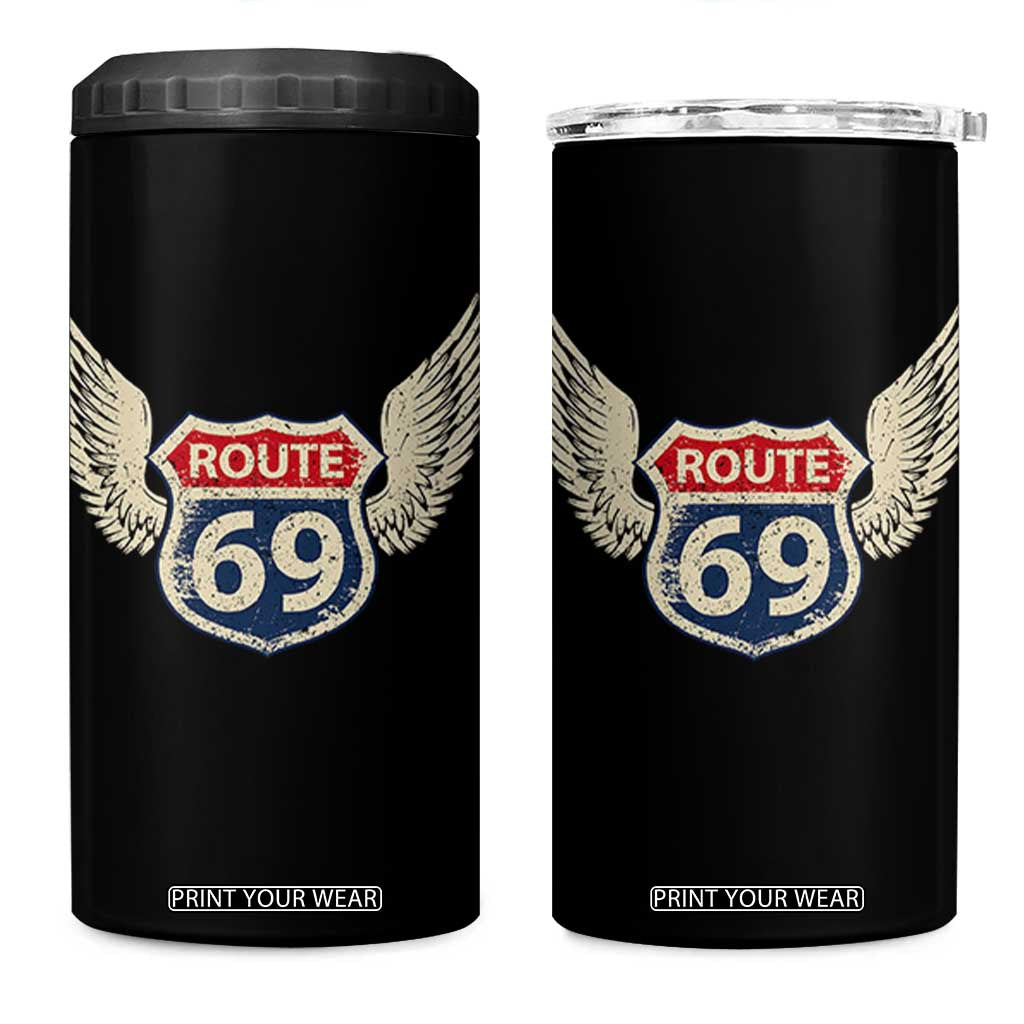 Vintage Route 69 Highway Road Trip Sign 4 in 1 Can Cooler Tumbler TS11 One Size: 16 oz Black Print Your Wear