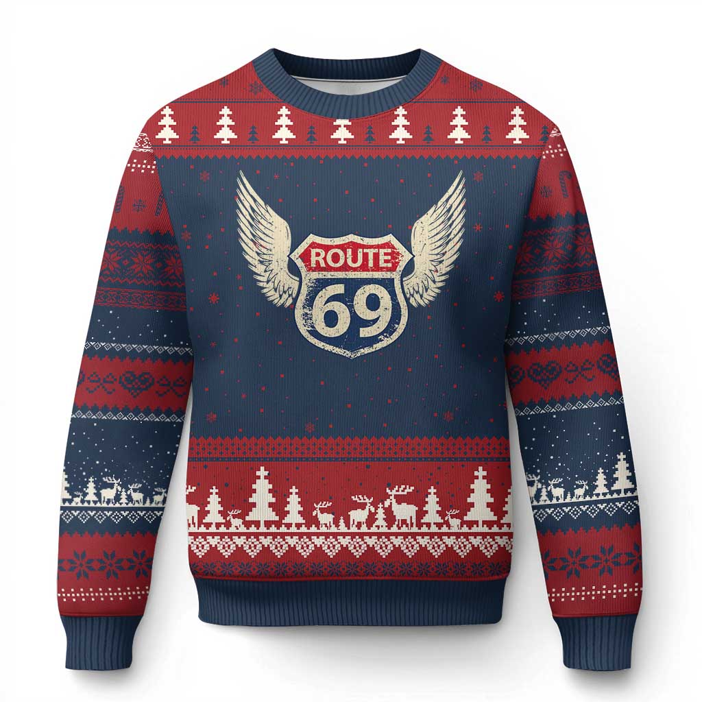 Vintage Route 69 Highway Road Trip Sign Ugly Christmas Sweater TS11 Navy Red Print Your Wear