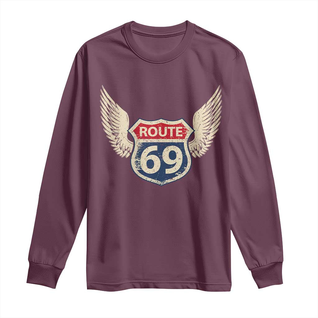 Vintage Route 69 Highway Road Trip Sign Long Sleeve Shirt TS11 Maroon Print Your Wear