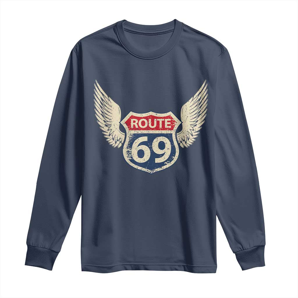 Vintage Route 69 Highway Road Trip Sign Long Sleeve Shirt TS11 Navy Print Your Wear