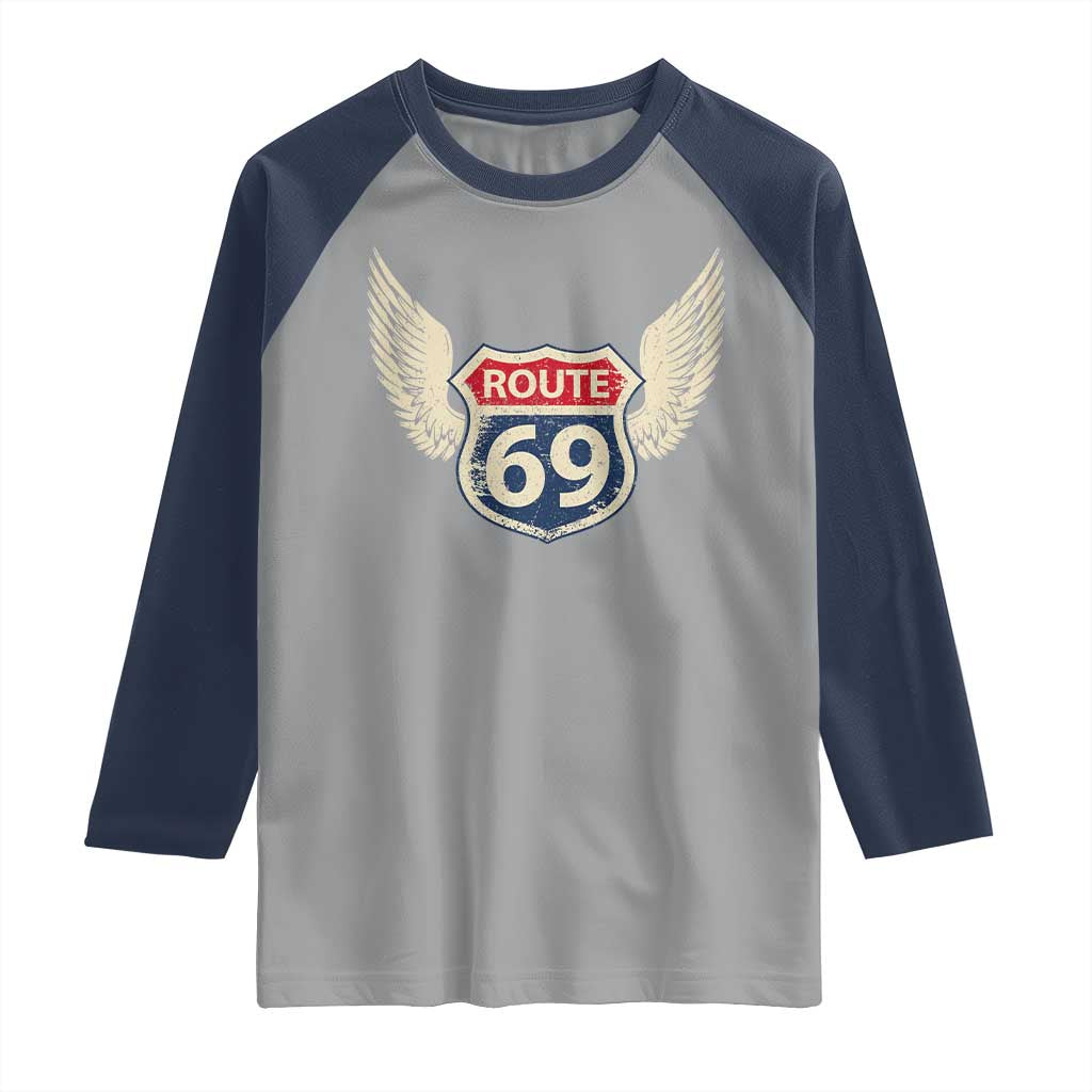 Vintage Route 69 Highway Road Trip Sign Raglan Shirt TS11 Sport Gray Navy Print Your Wear