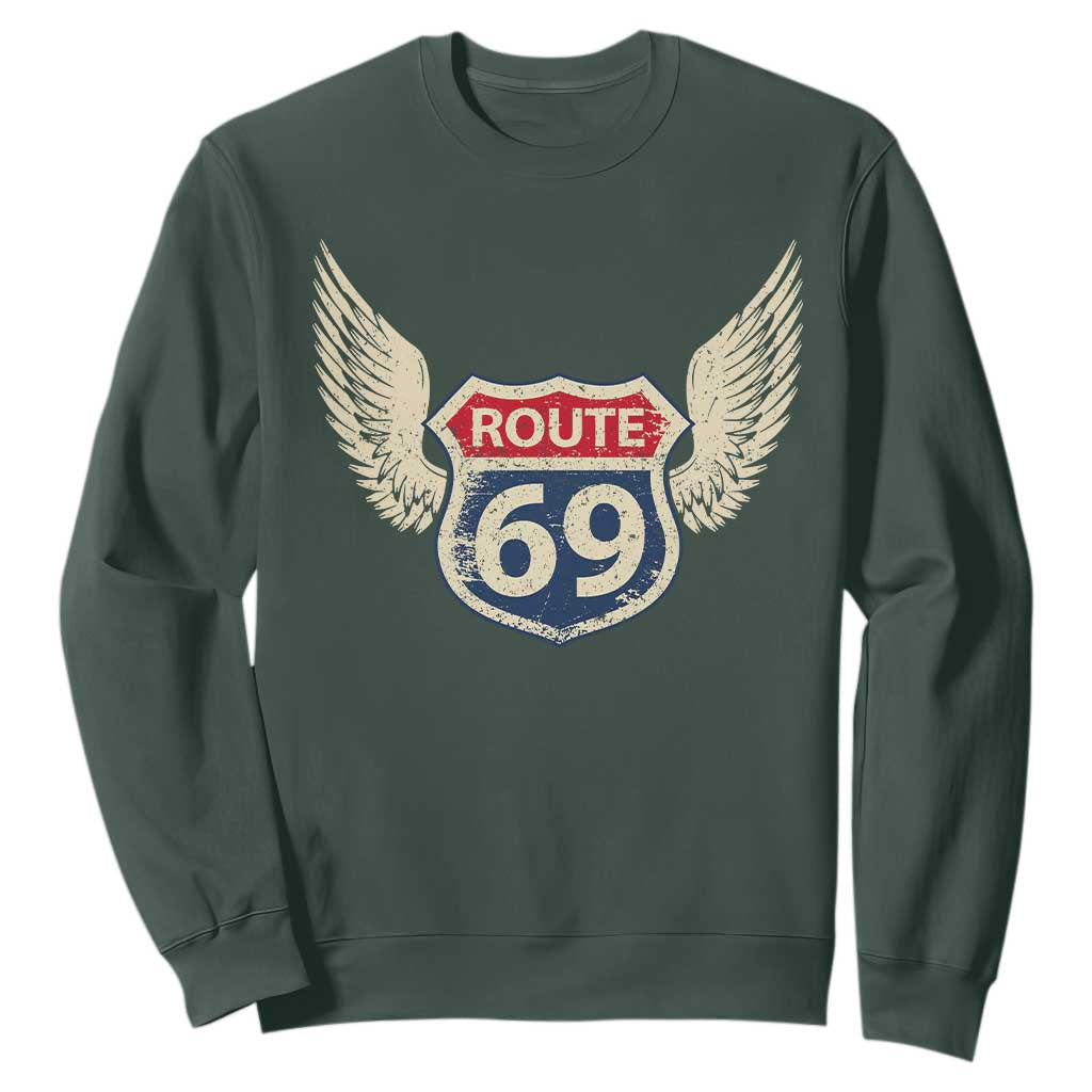 Vintage Route 69 Highway Road Trip Sign Sweatshirt TS11 Dark Forest Green Print Your Wear