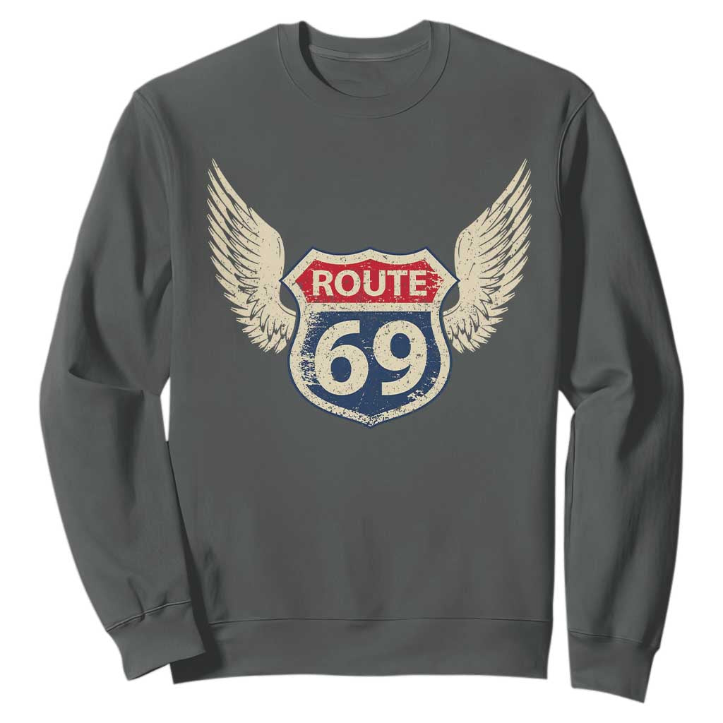 Vintage Route 69 Highway Road Trip Sign Sweatshirt TS11 Dark Heather Print Your Wear