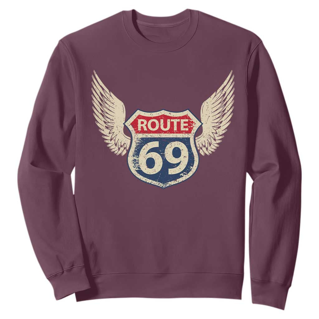 Vintage Route 69 Highway Road Trip Sign Sweatshirt TS11 Maroon Print Your Wear
