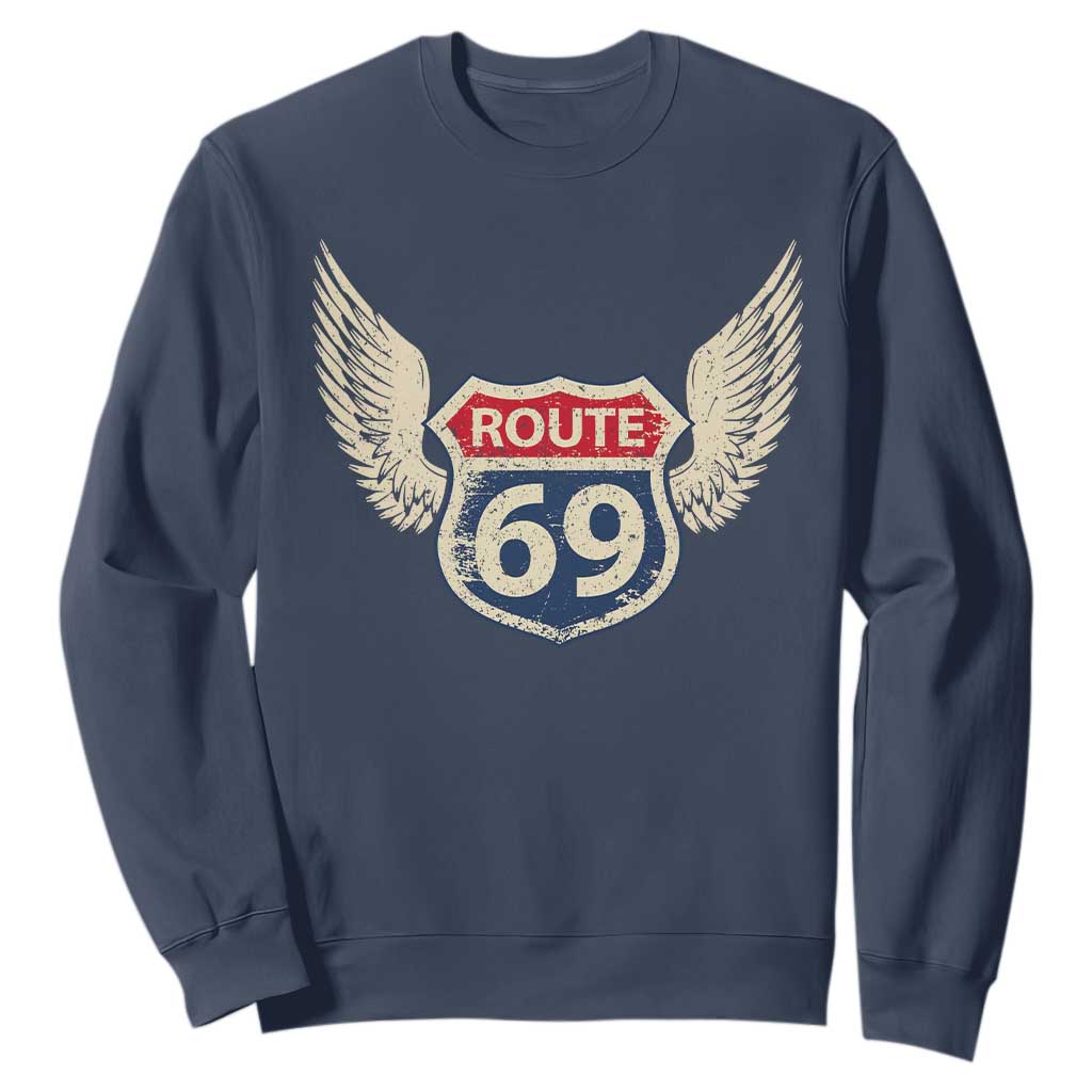 Vintage Route 69 Highway Road Trip Sign Sweatshirt TS11 Navy Print Your Wear