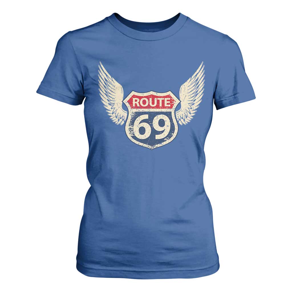 Vintage Route 69 Highway Road Trip Sign T Shirt For Women TS11 Royal Blue Print Your Wear