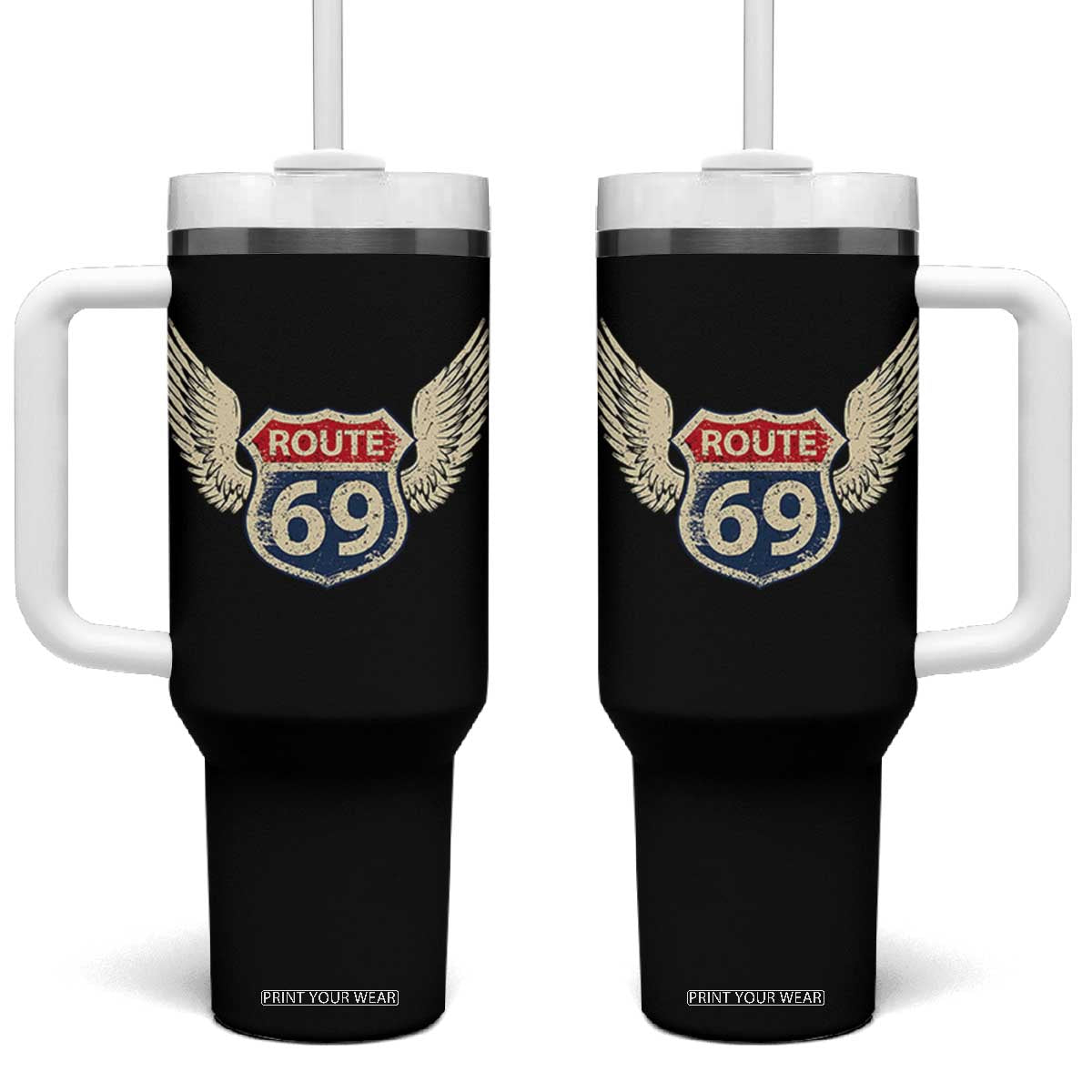 Vintage Route 69 Highway Road Trip Sign Tumbler With Handle TS11 One Size: 40 oz Black Print Your Wear