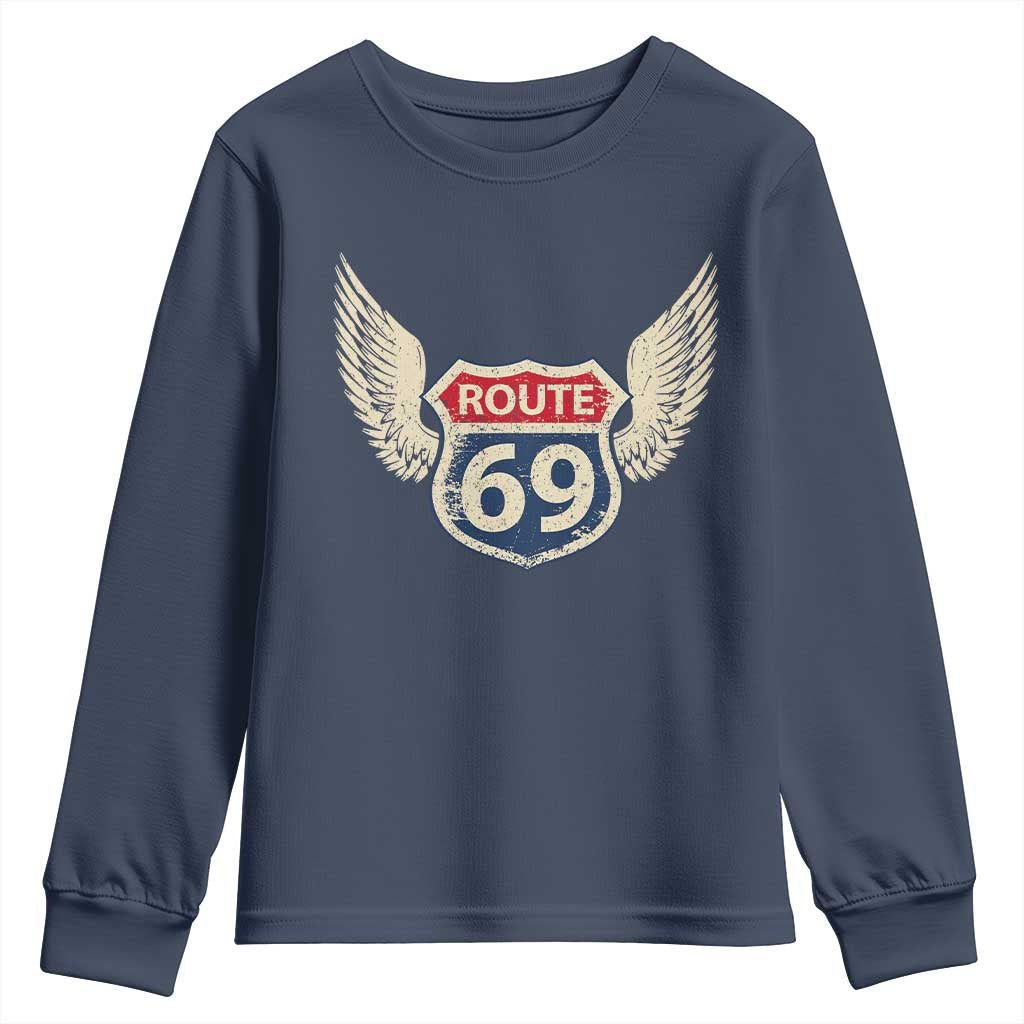 Vintage Route 69 Highway Road Trip Sign Youth Sweatshirt TS11 Navy Print Your Wear