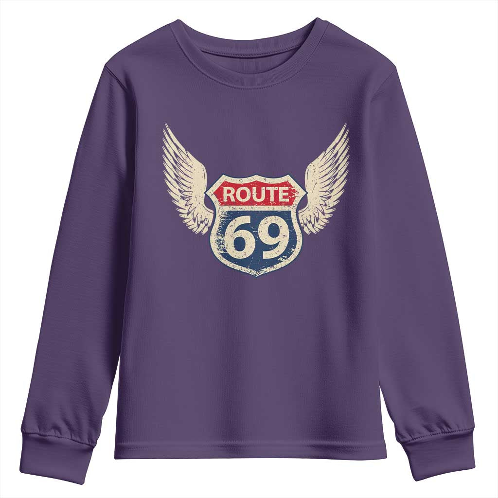 Vintage Route 69 Highway Road Trip Sign Youth Sweatshirt TS11 Purple Print Your Wear
