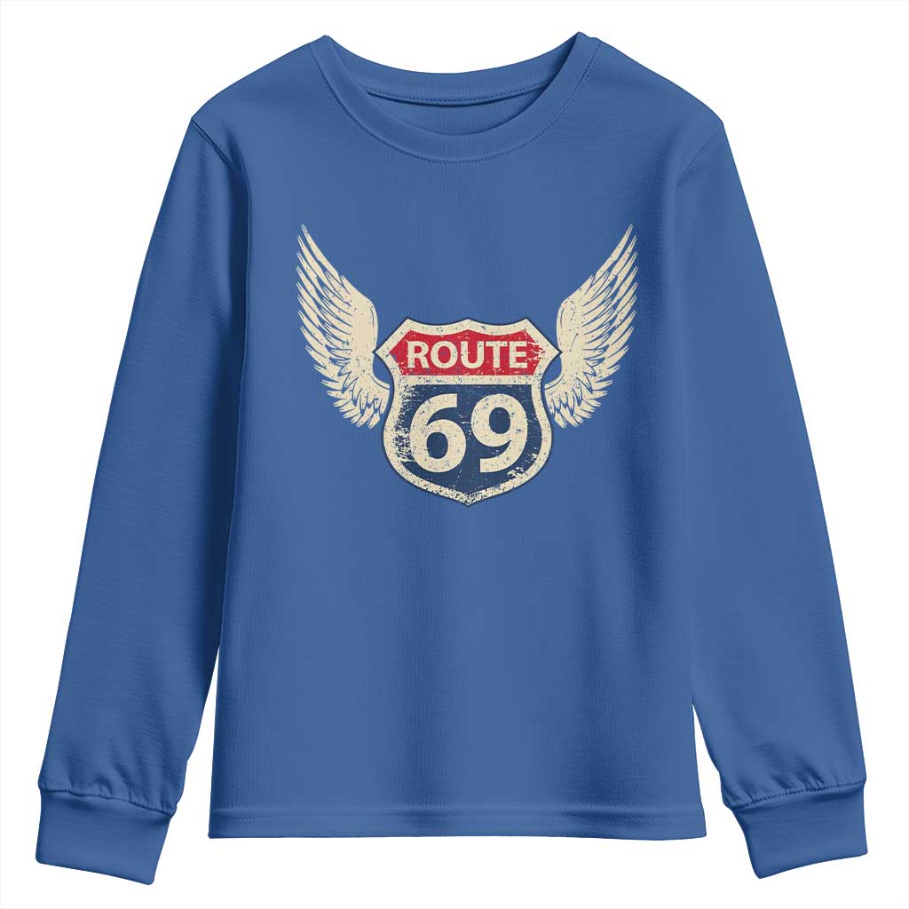 Vintage Route 69 Highway Road Trip Sign Youth Sweatshirt TS11 Royal Blue Print Your Wear