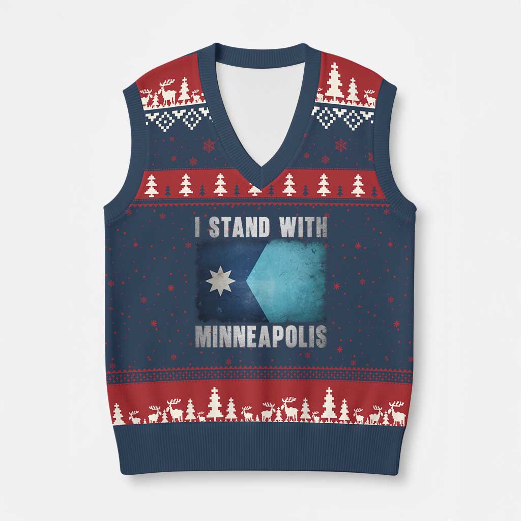I Stand With Minneapolis V-Neck Knit Sweater Vest Social Justice and Immigration Protest MN Flag TS11 Navy Red Print Your Wear