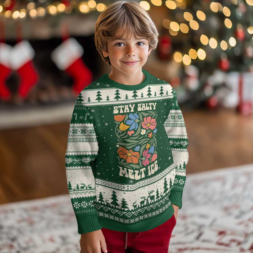 Be Salty Melt Ice Ugly Christmas Sweater Political Satire Pro Immigrant Protest Retro Floral TS11 Forest Green Beige Print Your Wear