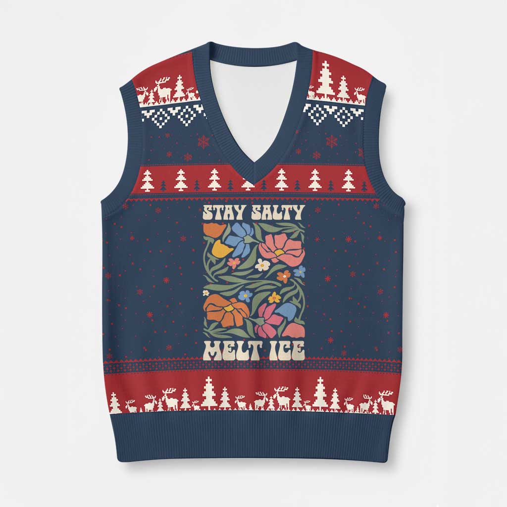 Be Salty Melt Ice V-Neck Knit Sweater Vest Political Satire Pro Immigrant Protest Retro Floral TS11 Navy Red Print Your Wear